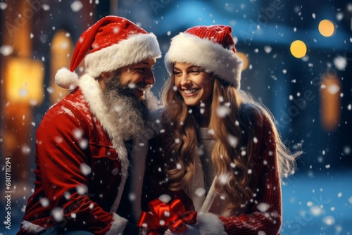 Portrait of a romantic young couple with Santa's hat on their heads. Loving couple concept. Snow is blowing.