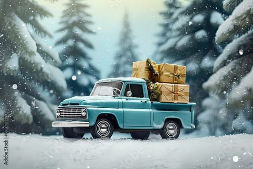 A small car loaded with presents against a Christmas backdrop, a charming image for holiday celebrations