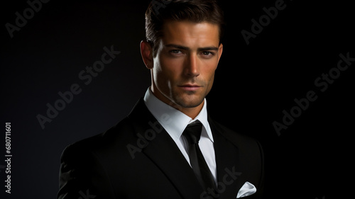 handsome man dressed in a sleek black suit. AI Generative.