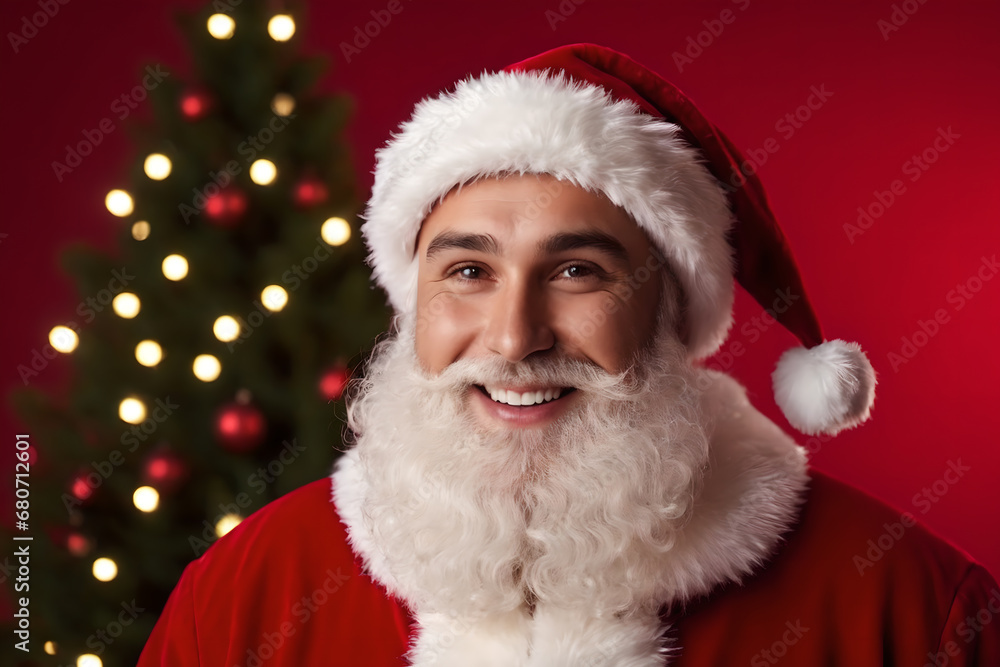 Young man dressed as Santa Claus - Red background Young man dressed as Santa Claus - Red background