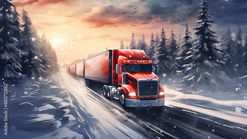 Red cargo truck driving on icy and snowy road during winter, logistics and transport concept photo