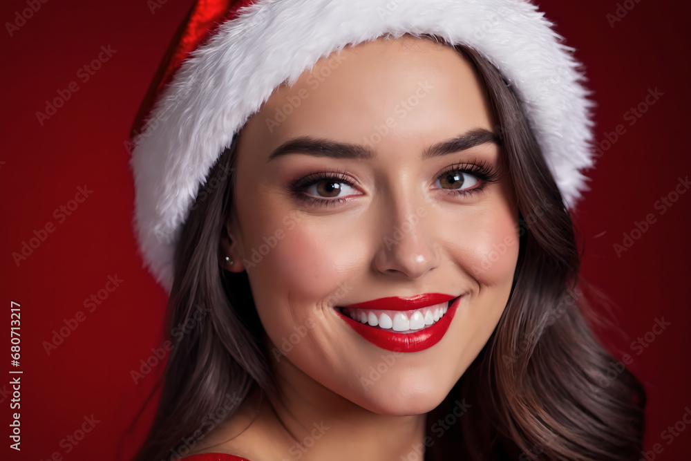 Young woman dressed as Santa Claus - Red background Young woman dressed as Santa Claus - Red background