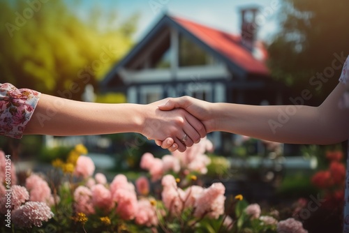 The concept of selling a house. People shaking hands in front of a house with a garden. Real estate and real estate