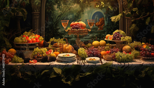 Surrealist fruit banquet on a table 