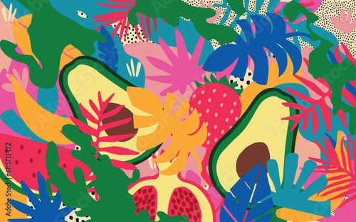 Exotic fruit poster. Summer tropical design with fruit, strawberry, pomegranate, avocado, banana, and watermelon colorful mix. Healthy diet, vegan food background vector illustration