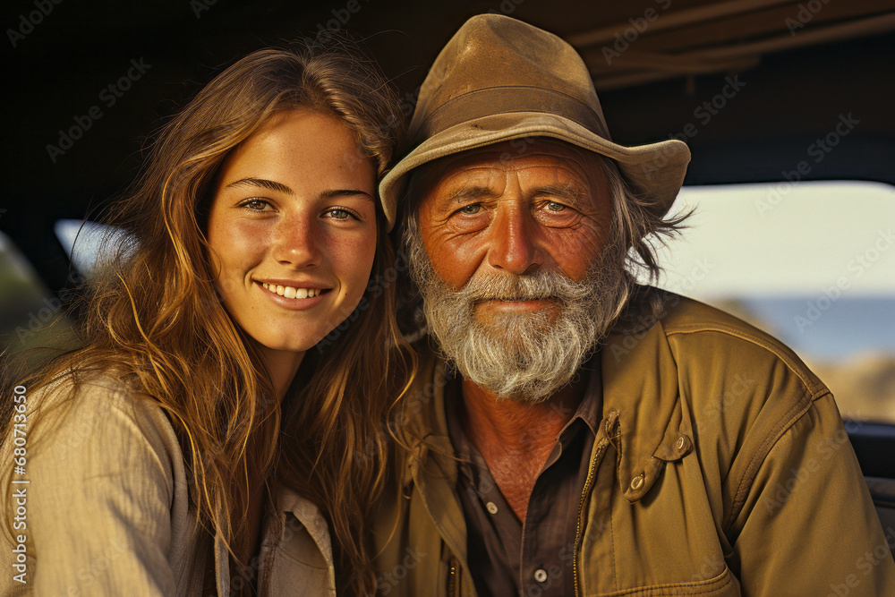 Elderly man and young woman gazing at ocean on beach.
