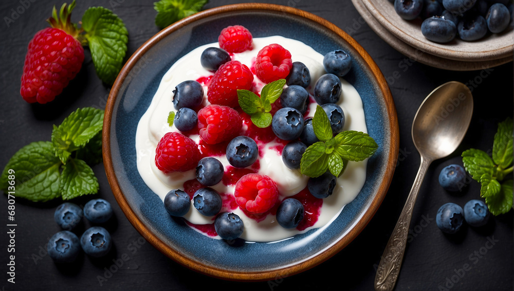 Yogurt on a plate with blueberries, raspberries, mint on the table Yogurt on a plate with blueberries, raspberries, mint on the table