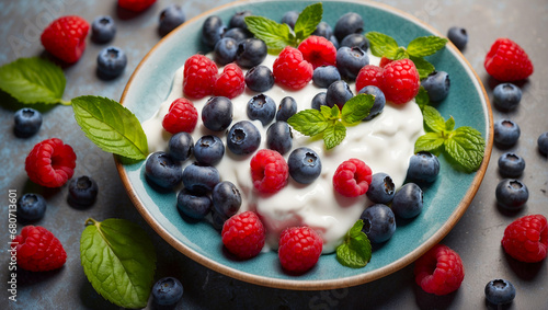 Yogurt on a plate with blueberries, raspberries, mint on the table