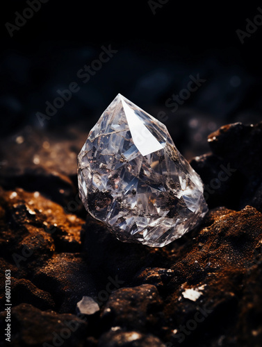 A single raw diamond in its matrix, uncut, embedded in a piece of kimberlite, natural light for authentic look