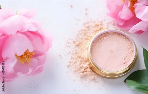 powder in golden box and peony flowers on white wooden table for fashion makeup card