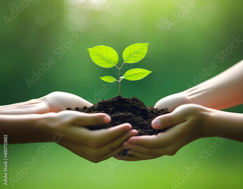 Environment Earth Day In the hands of trees growing seedlings. Bokeh green Background Female hand holding tree on nature field grass Forest conservation concept photo