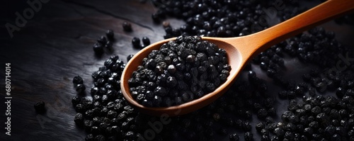 Black Caviar in a spoon on dark stone background. Generative ai