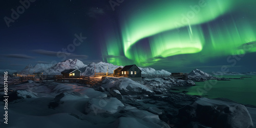 Aurora Borealis, panoramic view, casting light over Inuit village, wisps of cloud © Gia
