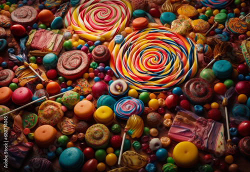 A cluster of colorful candies and lollipops. A pile of assorted candies and lollipops