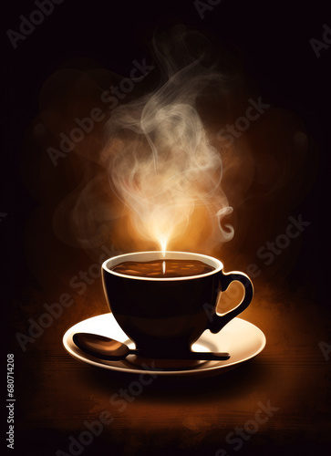 A teacup with a lightbulb in it. A steaming cup of coffee on a saucer