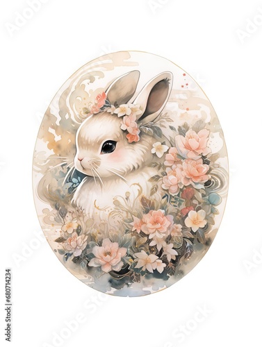 Watercolor bunny with flowers. Easter rabbit with spring flowers and leaves wreath. Cute vintage animal  isolated on white background. Element for greeting card, design, sticker, egg decoration, print