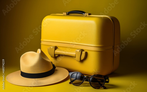 A yellow suitcase with sunglasses hat. A yellow suitcase, hat, sunglasses and a hat on a yellow background