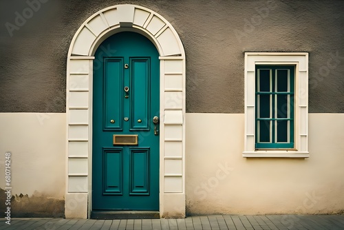 Blue old vintage wooden victorian european front door or back door and a window as a backdrop or background design element.