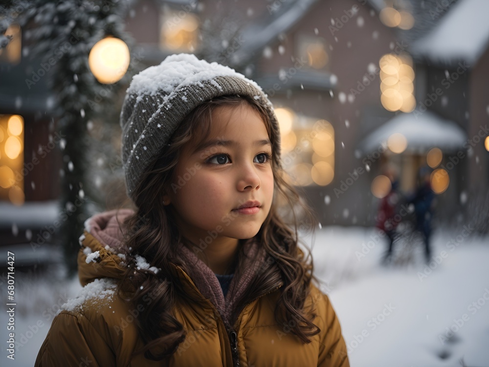 A young girl watching in wonder at the first snowfall of the season, her face glowing with enchantment. Capturing natural beauty and childhood innocence in winter. A young girl watching in wonder at the first snowfall of the season, her face glowing with enchantment. Capturing natural beauty and childhood innocence in winter.