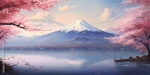 Mount Fuji and Cherry Blossoms, oil on canvas, impressionistic, blend of traditional Japanese and Western art, soft pastel colors, petals in the wind