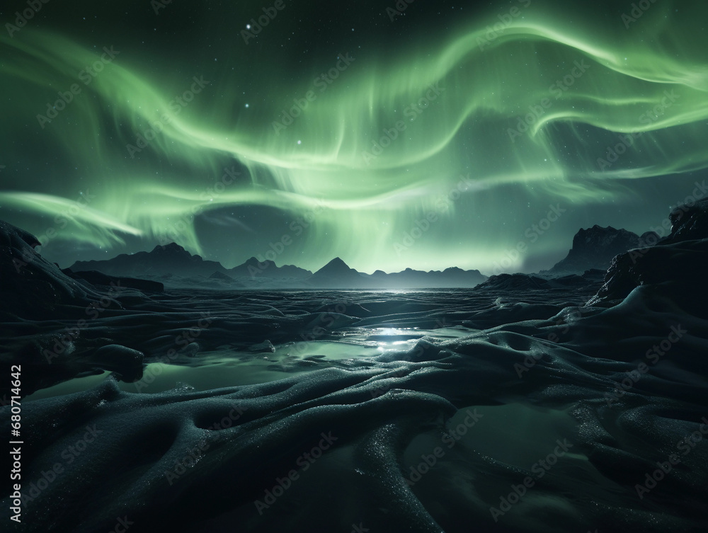 Aurora Borealis over Icelandic glacier, deep green tendrils, natural lighting Aurora Borealis over Icelandic glacier, deep green tendrils, natural lighting