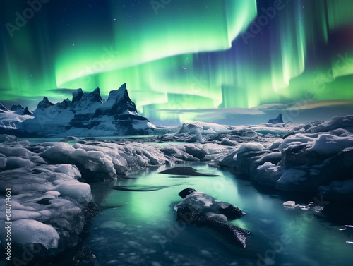 Aurora Borealis over Icelandic glacier, deep green tendrils, natural lighting