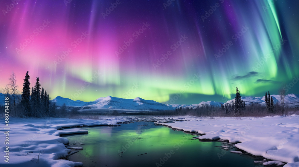Aurora Borealis, vivid green and purple hues dancing over a snow-covered Alaskan landscape, multiple exposures, starlit sky