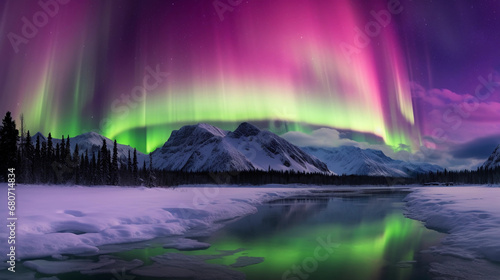 Aurora Borealis, vivid green and purple hues dancing over a snow-covered Alaskan landscape, multiple exposures, starlit sky