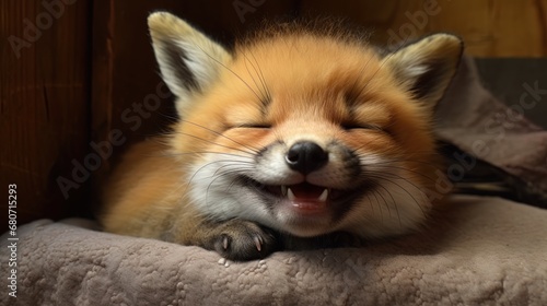 Bed bound fox cub radiates joy.