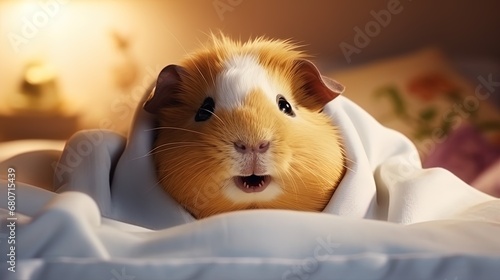 Happy guinea pig in bed smiles warmly.