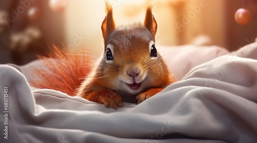 Happy squirrel in a snug bed smiles.