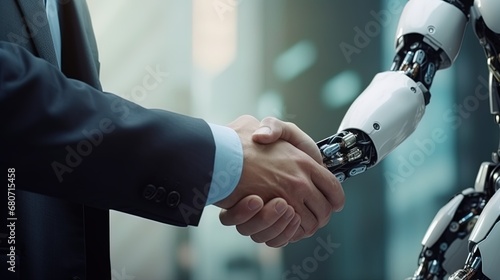 In a friendly gesture, a bald man and AI exchange smiles and a handshake, symbolizing their camaraderie.