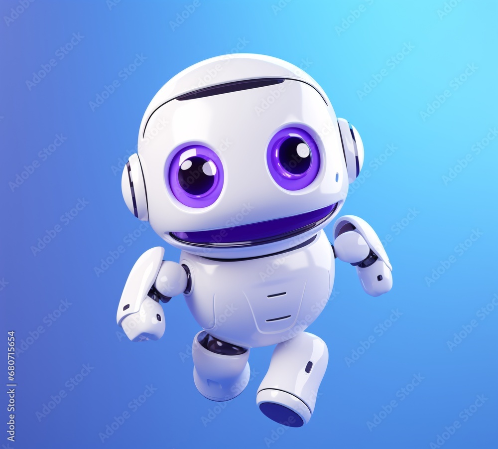 3d rendering of a tiny white robot flying on a blue background 3d rendering of vibrant color gradients elegant emotive faces
