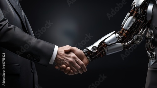 A bald man and AI forge a connection, expressing camaraderie with smiles and a handshake.