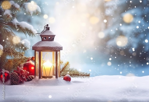 Christmas lantern on snow with fir branch