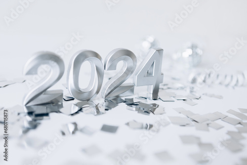 Happy new year 2024 . New year holidays card with confetti on white background photo
