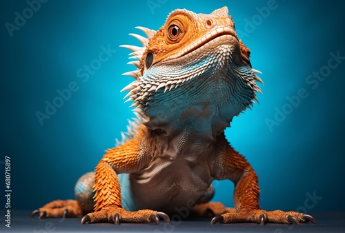 a bearded dragon is seated on the floor and staring at the orange and cyan illusions kinetic optical illusions table top photo