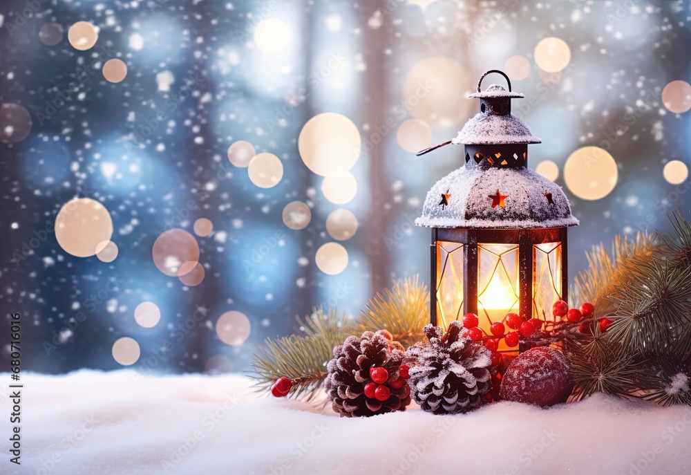 Christmas lantern on snow with fir branch