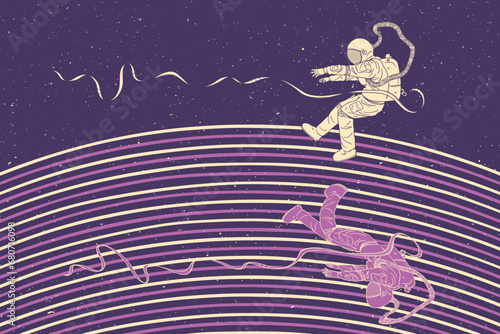 Flying astronaut. Cosmonaut abstract retro poster. Lonely man in space