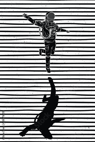 Astronaut in spacesuit. Graphic black white sci-fi poster with lines