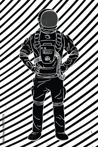 Astronaut in spacesuit. Graphic black white sci-fi poster with lines