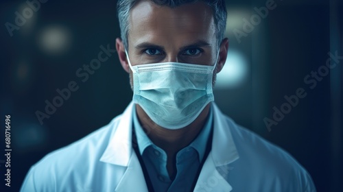 Doctor medic wearing protection medical mask on face wallpaper background photo