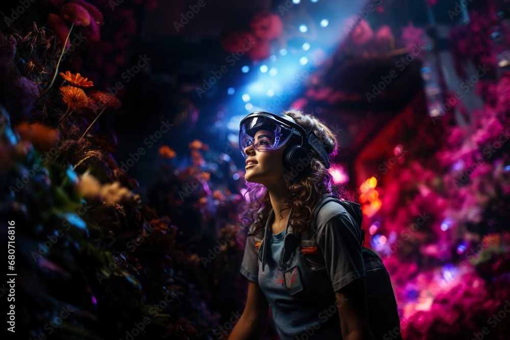 virtual reality (VR) world, with young girl, highlighting the potential of AI and technology to transform entertainment, education and training.generated with ia. virtual reality (VR) world, with young girl, highlighting the potential of AI and technology to transform entertainment, education and training.generated with ia.