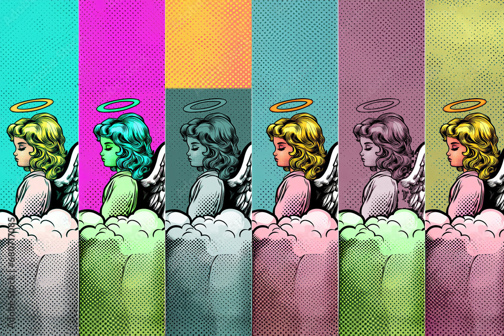 Ange féminin petite fille blonde avec des ailes dans le dos et une auréole assise de profil sur un nuage. Illustration vectorielle style bande dessinée pop art. Répétition du motif, espace texte - obrazy, fototapety, plakaty 