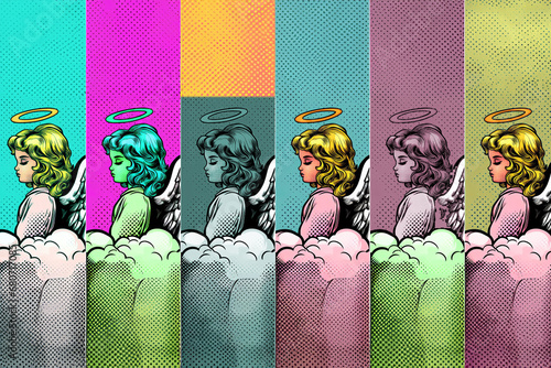 Ange féminin petite fille blonde avec des ailes dans le dos et une auréole assise de profil sur un nuage. Illustration vectorielle style bande dessinée pop art. Répétition du motif, espace texte