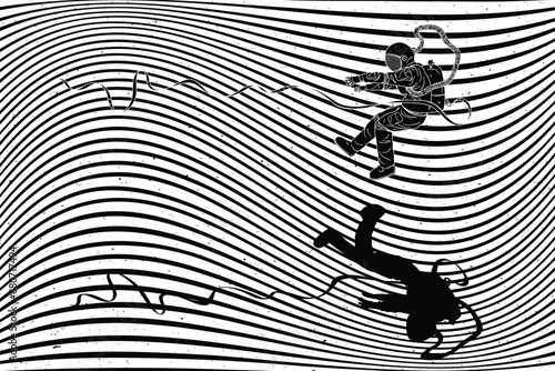 Flying astronaut in space. Graphic black white sci-fi poster with lines