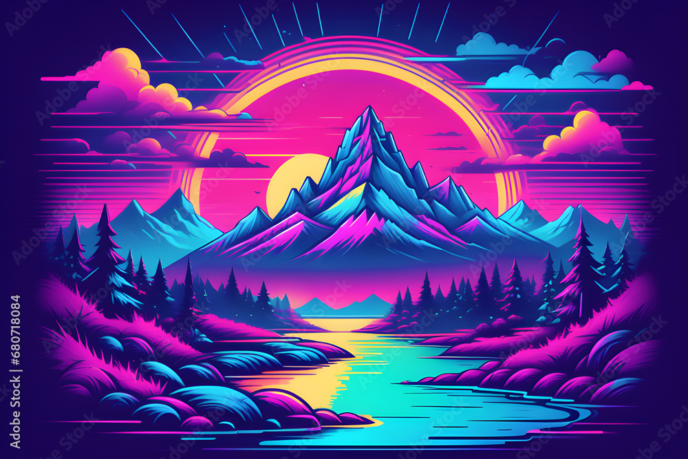 a retro enchanted mountain style poster inspired by the 80s or 90s aesthetic landscape generative ai