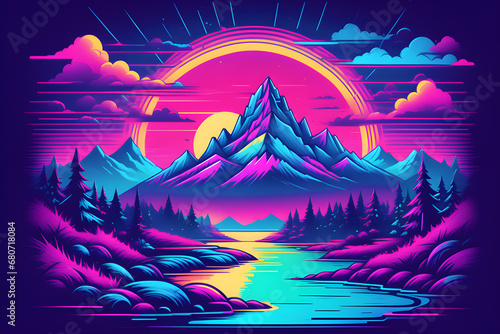 a retro enchanted mountain style poster inspired by the 80s or 90s aesthetic landscape generative ai © Sam