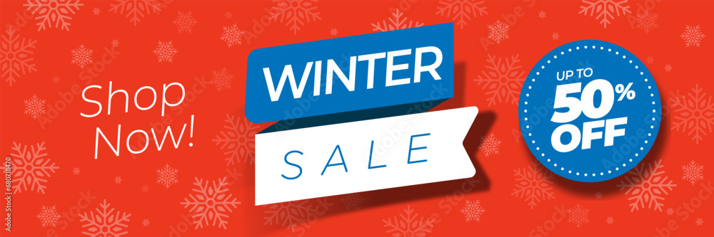 Winter sale vector poster or banner in horizontal format with discount text and snow. White, blue and red elements. Shopping promotion template. Editable vector illustration. Winter sale vector poster or banner in horizontal format with discount text and snow. White, blue and red elements. Shopping promotion template. Editable vector illustration.