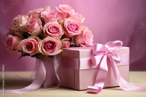 Vibrant pink roses surrounding an elegant pink gift box